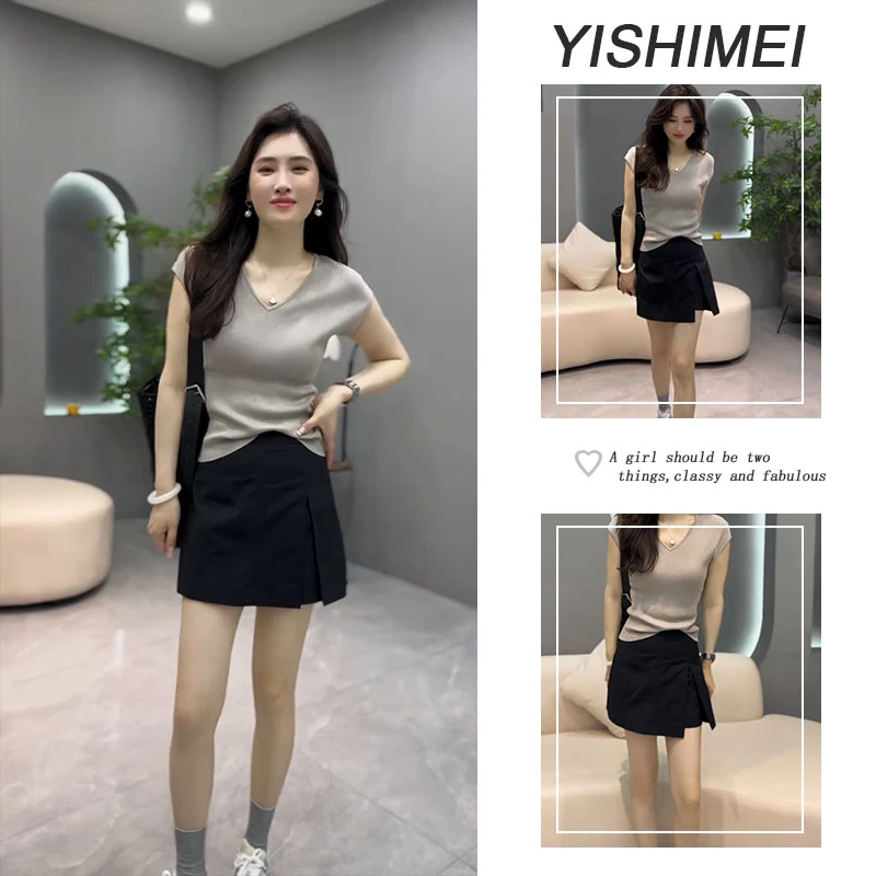2025女夏新款纯色气质V领冰感修身短袖上衣开叉设计半身裤裙套装