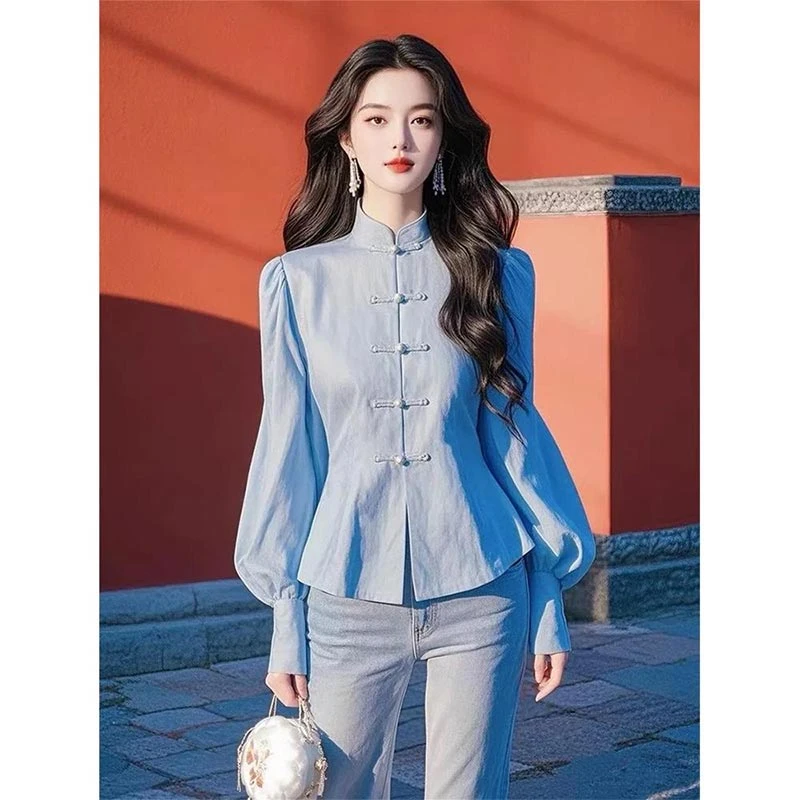 2025春秋新中式女装蓝色衬衫高级感修身显瘦减龄小众百搭国风衬衫