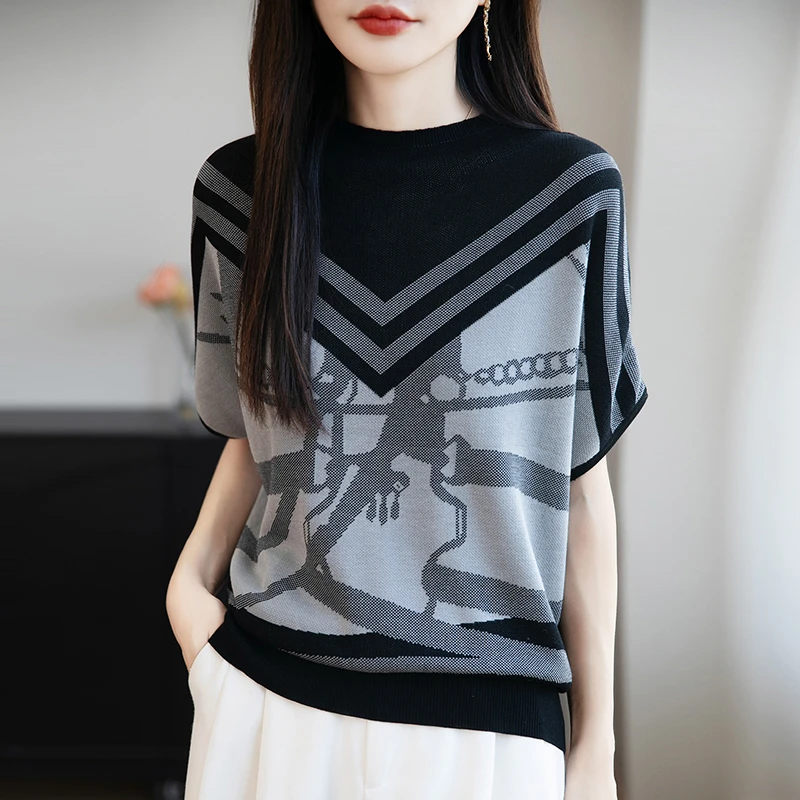 哥弟阿玛施官方新款圆领提花针织衫夏季时尚简约百搭蝙蝠袖上衣女