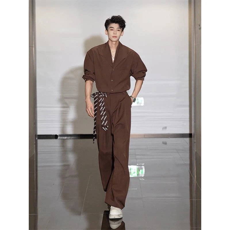 美拉德咖色休闲套装男模秋季设计师衬衫休闲裤韩系酷帅穿搭一整套