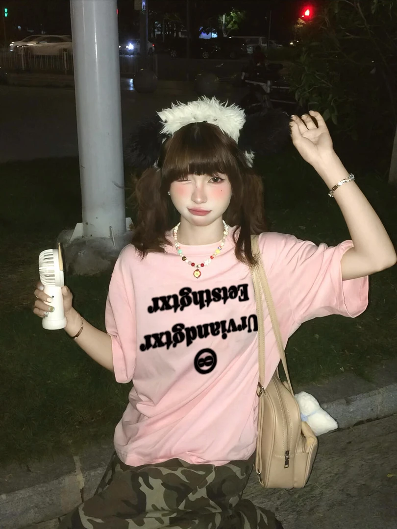 WRXS 美式街头粉色短袖T恤女2025夏季新款宽松圆领半袖纯棉上衣潮