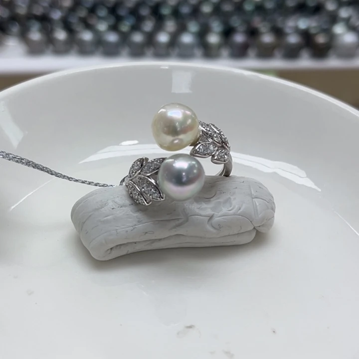 银S925镶嵌戒指海水珍珠AK8-9m 6号