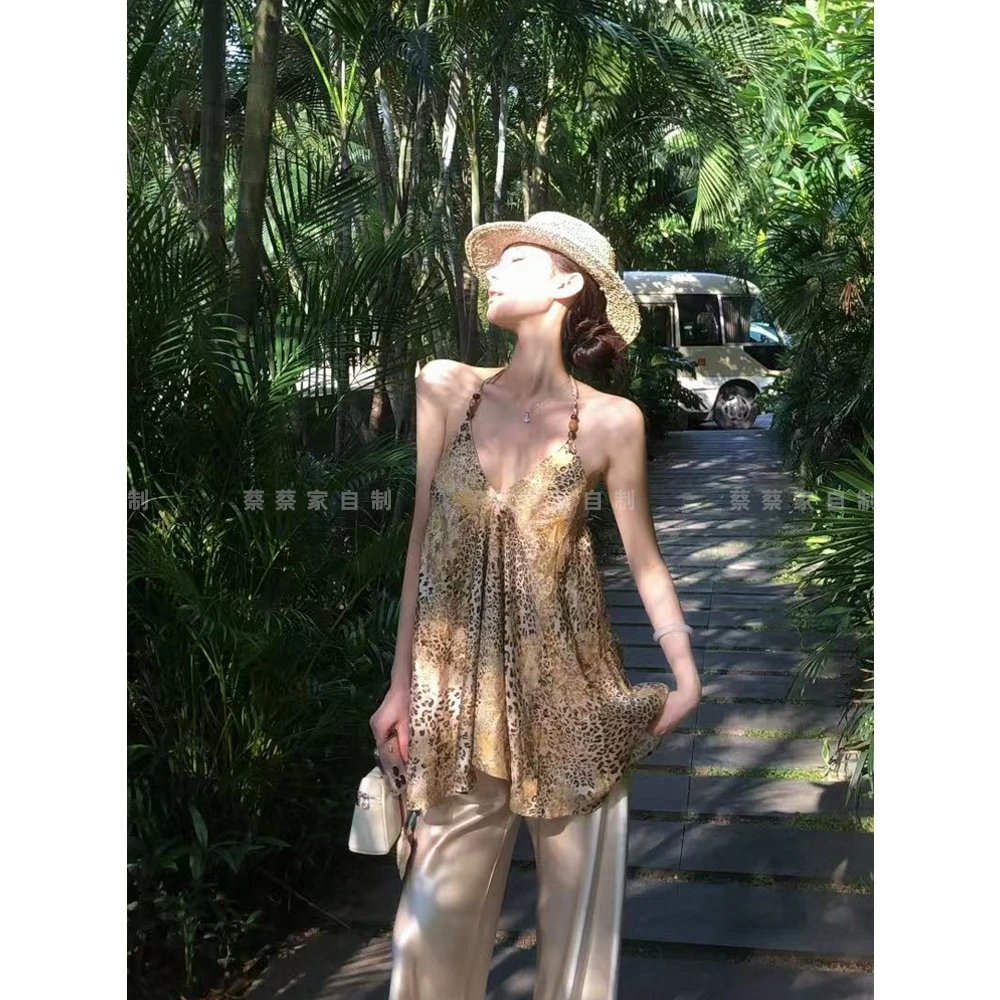 蔡蔡家「感觉至上」设计感辣妹豹纹露背吊带醋酸阔腿裤套装女6268#