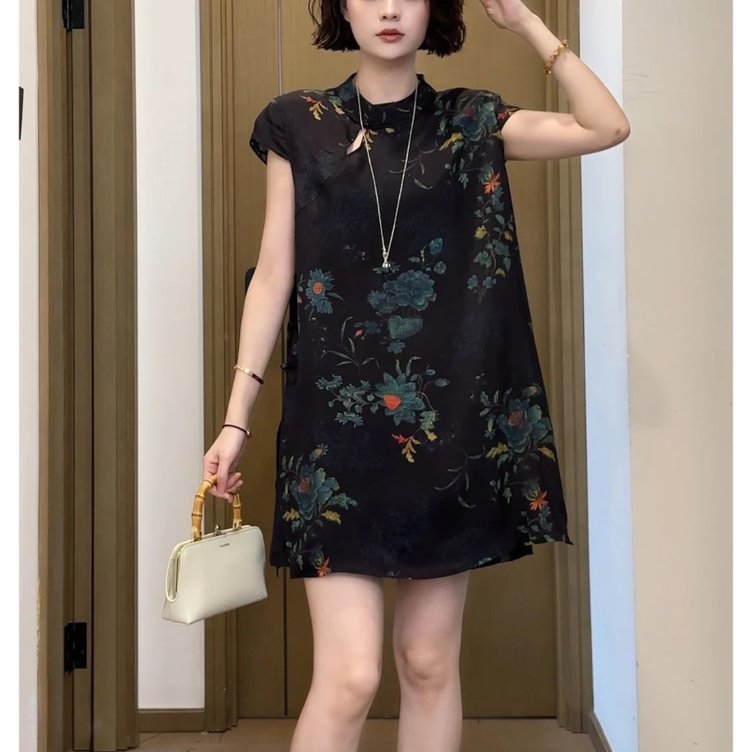 2025夏季新款时尚新中式宽松显瘦国风盘扣印花上衣短裤两件套装女