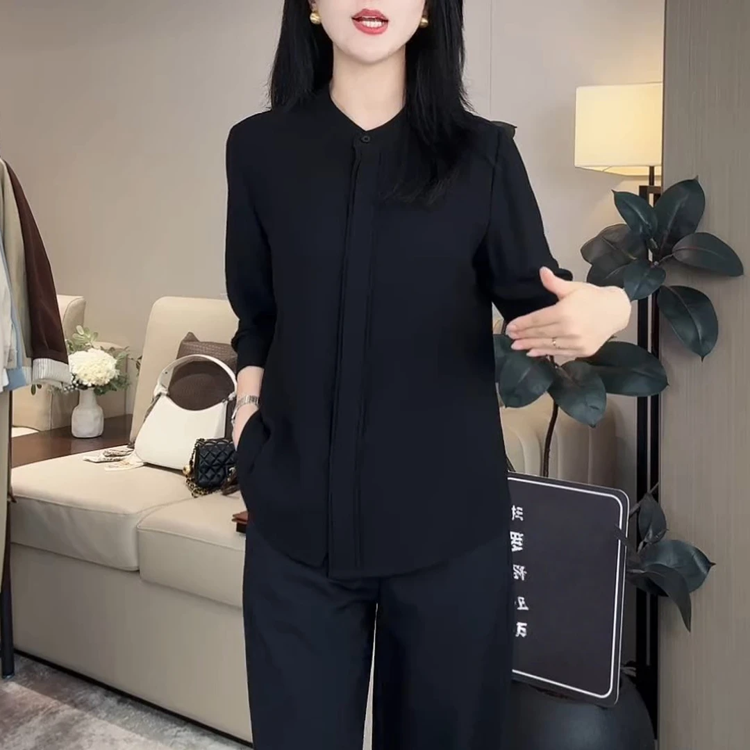 韩版设计感圆领打底上衣2025秋季新款时尚气质显瘦百搭长袖衬衫女