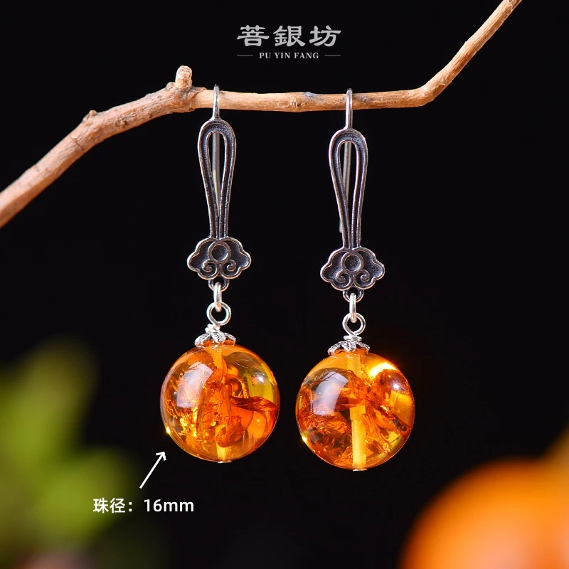 【菩银坊】925银花珀琥珀如意耳环，多样性发1