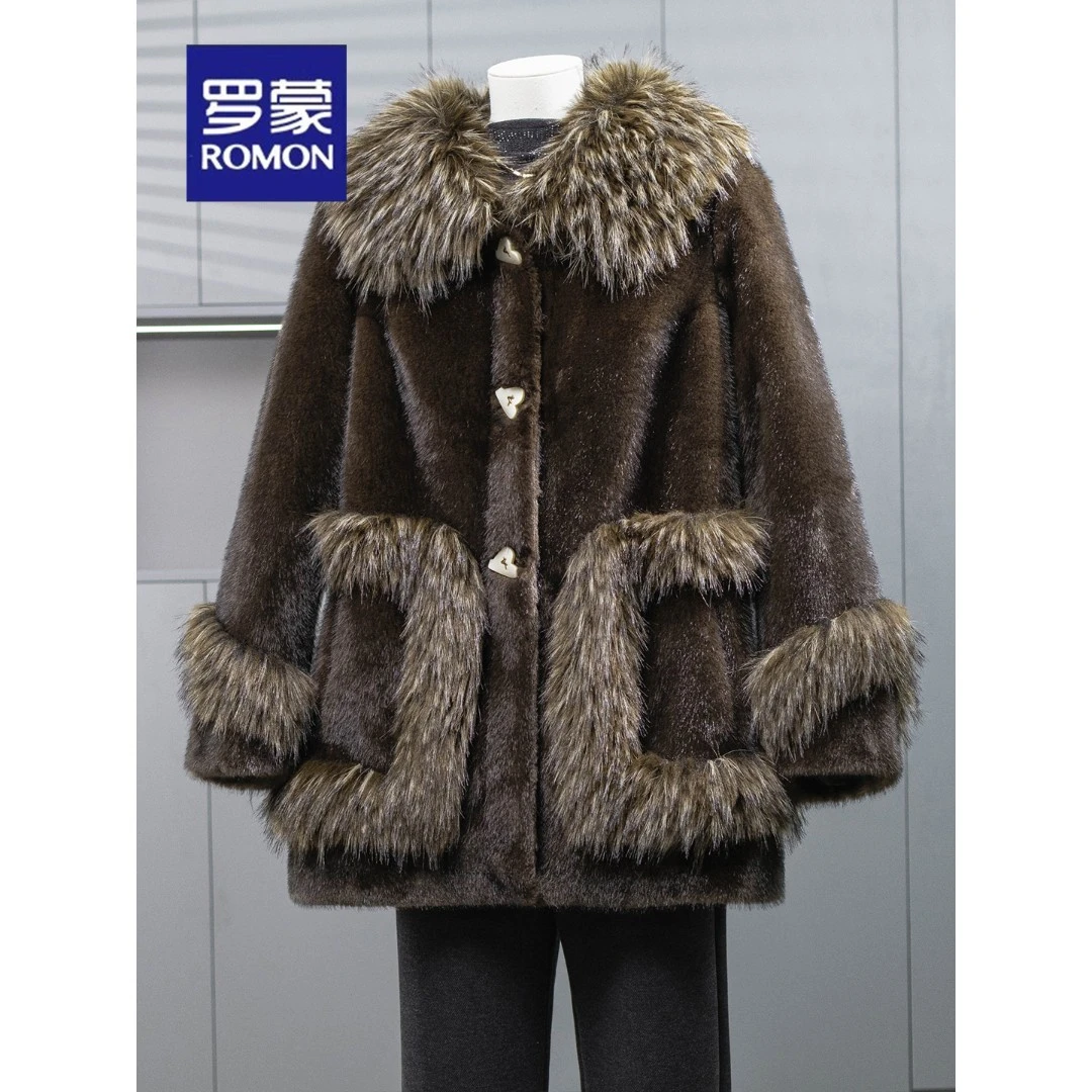 罗蒙妈妈冬装高贵保暖外套皮毛一体气质中老年人女秋冬季毛领上衣