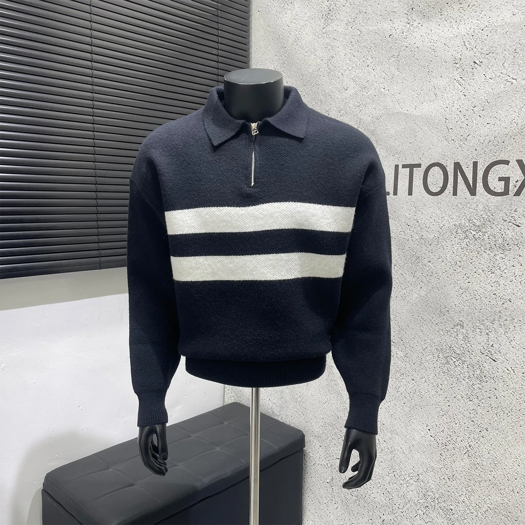 高级感撞色拼接翻领毛衣男2025秋冬新款半拉链套头宽松休闲针织衫