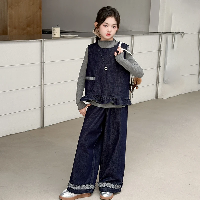 韩国童装女童牛仔三件套秋季2025新款灰色长袖打底衫时髦牛仔套装