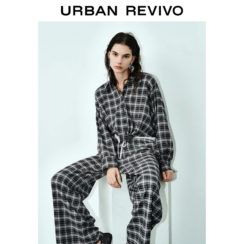 UR2026春季新款女装撞色格纹烫钻装饰长袖罩衫衬衫UWJ250043
