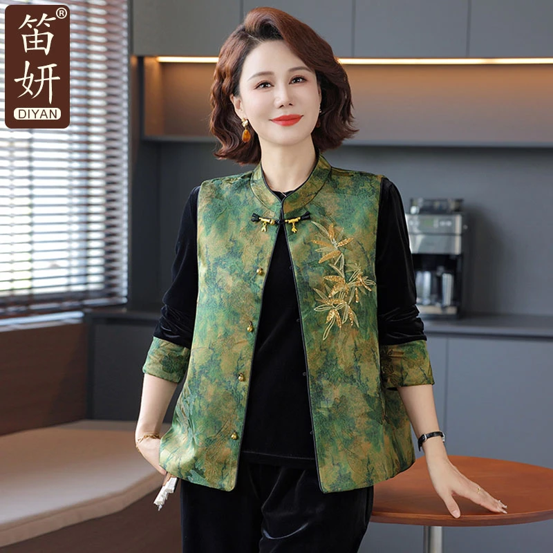 妈妈装秋装中国风套装宽松型中老年女装长袖复古印花洋气春秋套装