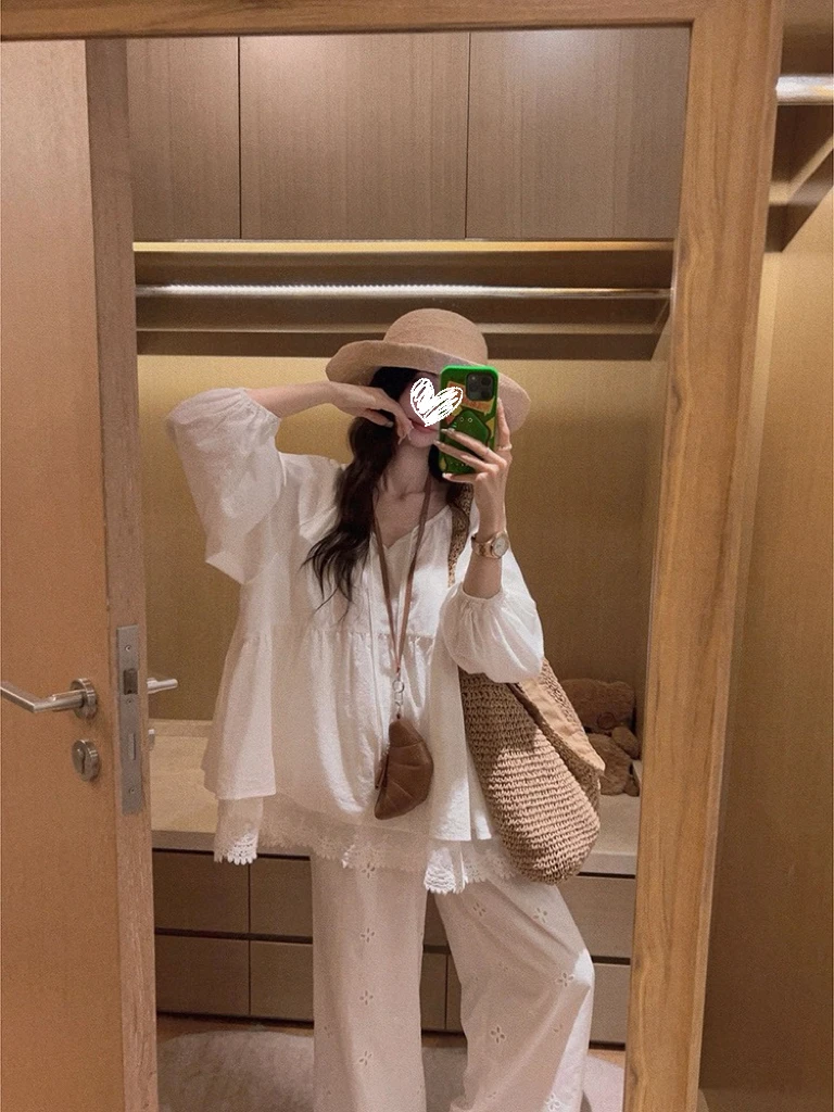 下摆双层蕾丝边白色娃娃衫衬衫