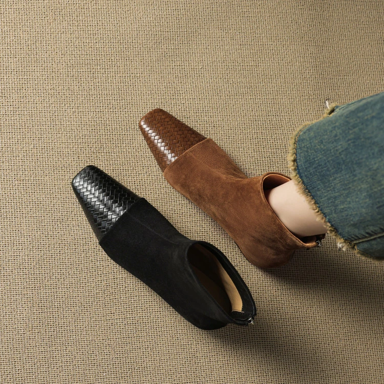 3.5cm 法式复古百搭短靴秋冬通勤休闲舒适软底简约时尚方头短筒靴