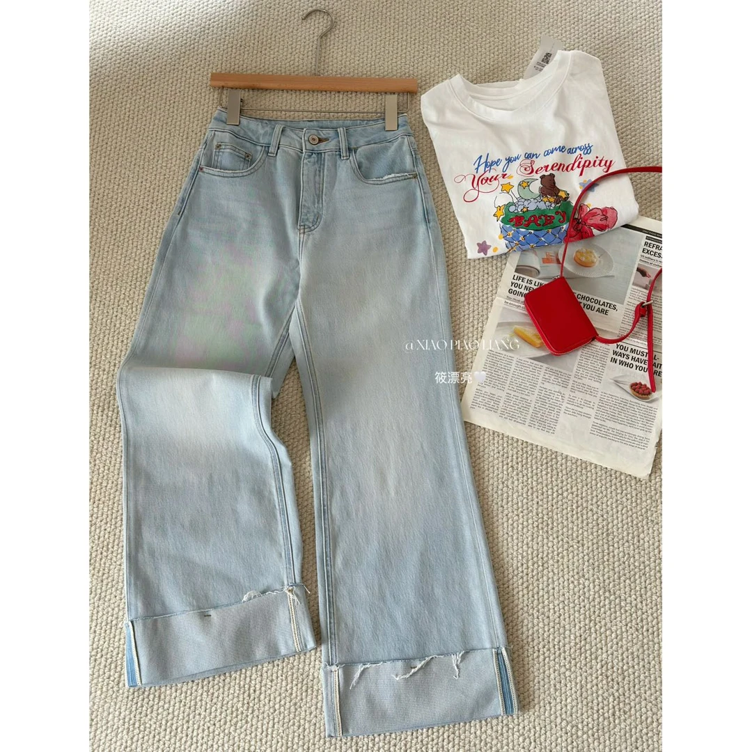 2025夏季新款显瘦阔腿裤百搭休闲浅蓝色翻边九分牛仔裤P039#0.12