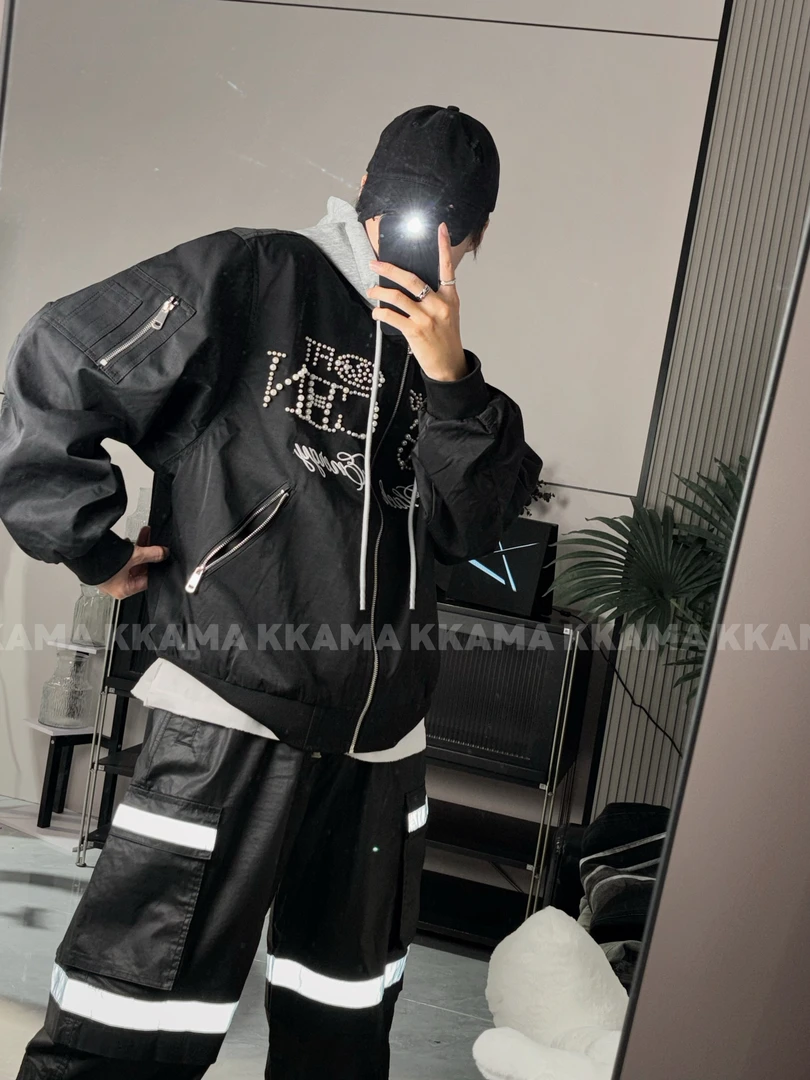 【黑武士】欧美设计珍珠刺绣连帽美式潮男女宽松百搭飞行服夹克外套