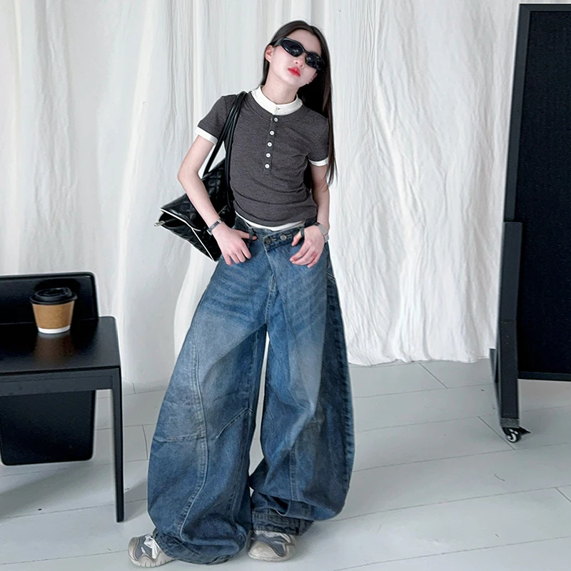 美式复古弯刀牛仔裤女童新款设计感百搭松弛拖地阔腿扎染短袖T恤
