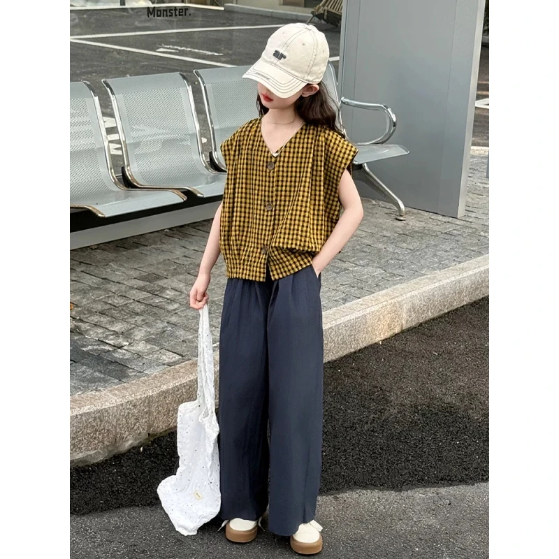 女童夏装阔腿裤套装2025新款洋气女大童一字肩上衣时髦网红两件套