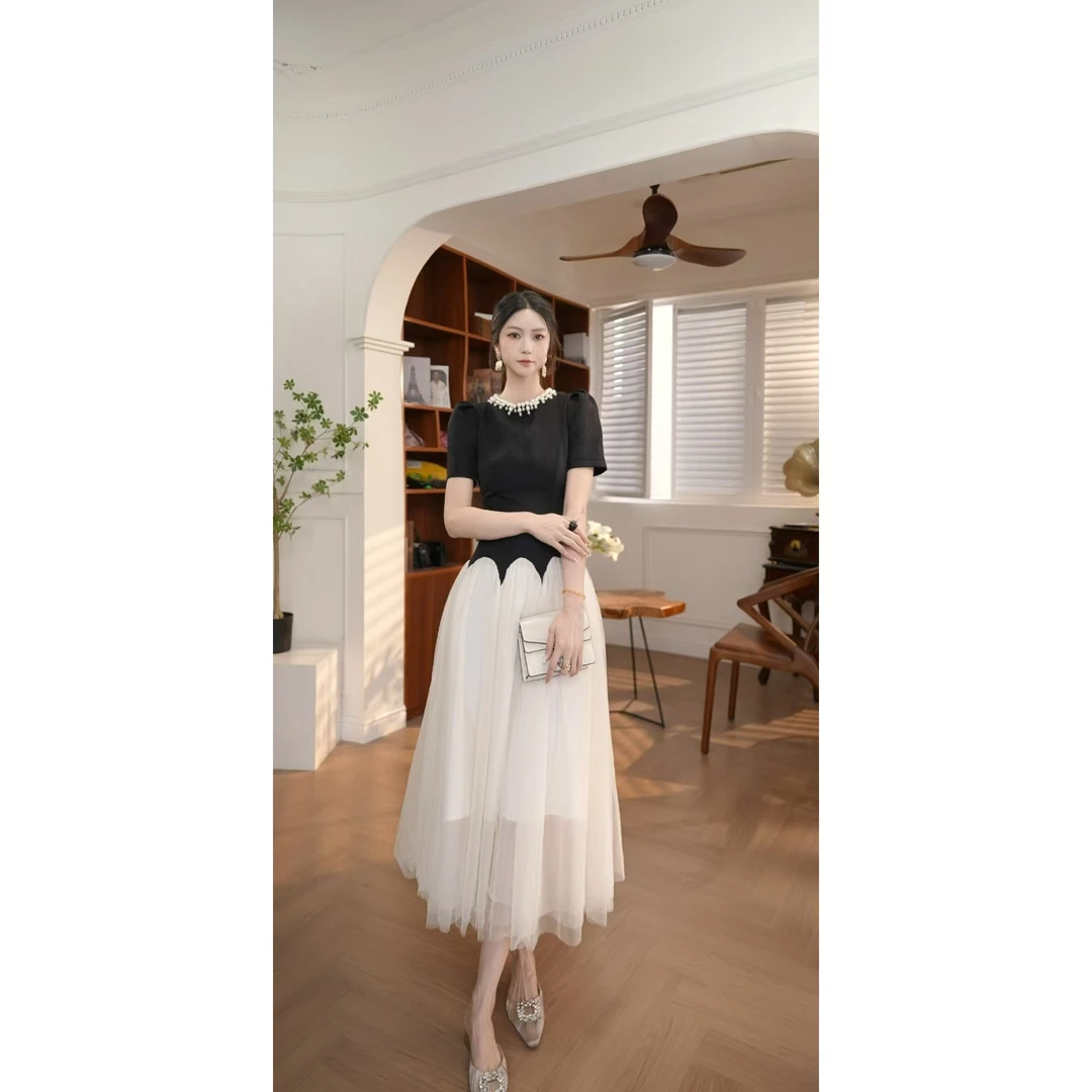 【宝总】时尚优雅收腰修身名媛宴会显瘦轻奢方领设计感连衣裙9020