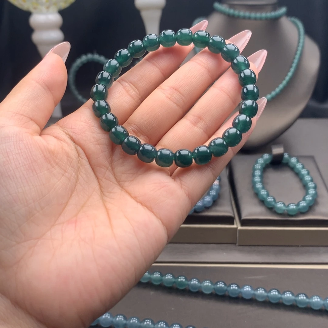 翡翠未镶嵌手链卡7.8mm老型珠墨蓝绿放漏
