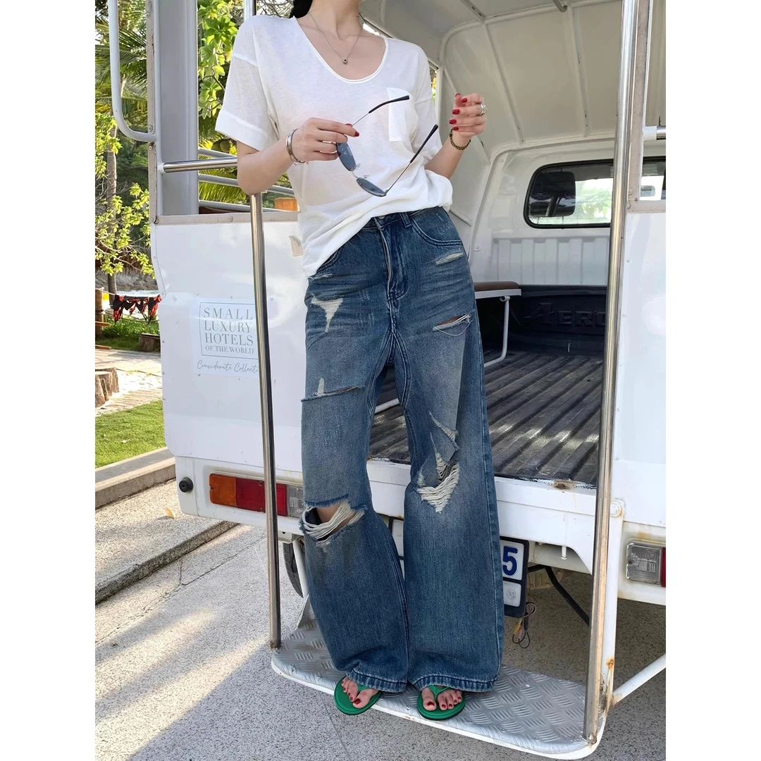 不冷BULENG 磨破直筒牛仔裤高腰宽松显瘦设计感