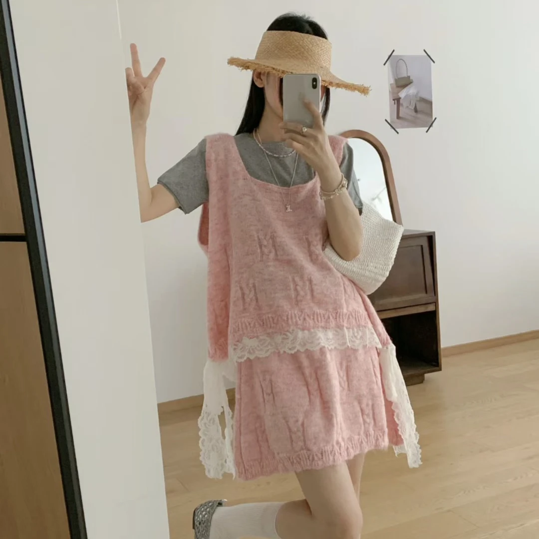 203-下摆蕾丝绑带新款温柔风减龄针织超仙蕾丝背心短裙两件套女