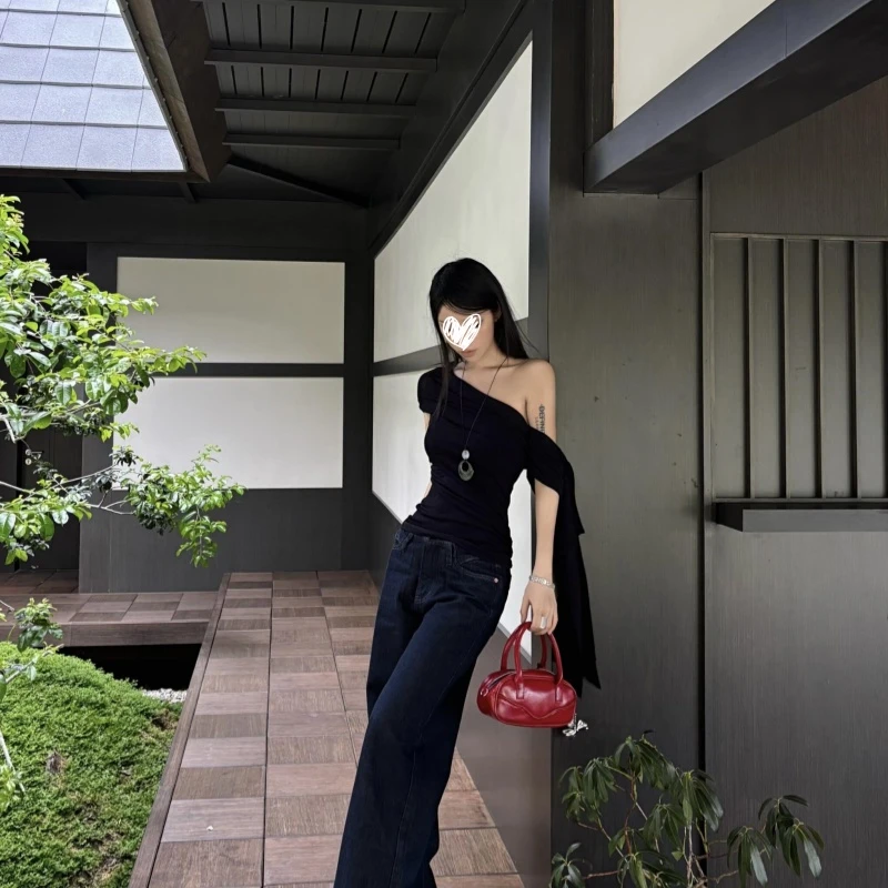 2025年夏季性感辣妹纯欲修身一字领斜肩无袖T恤别致飘带上衣