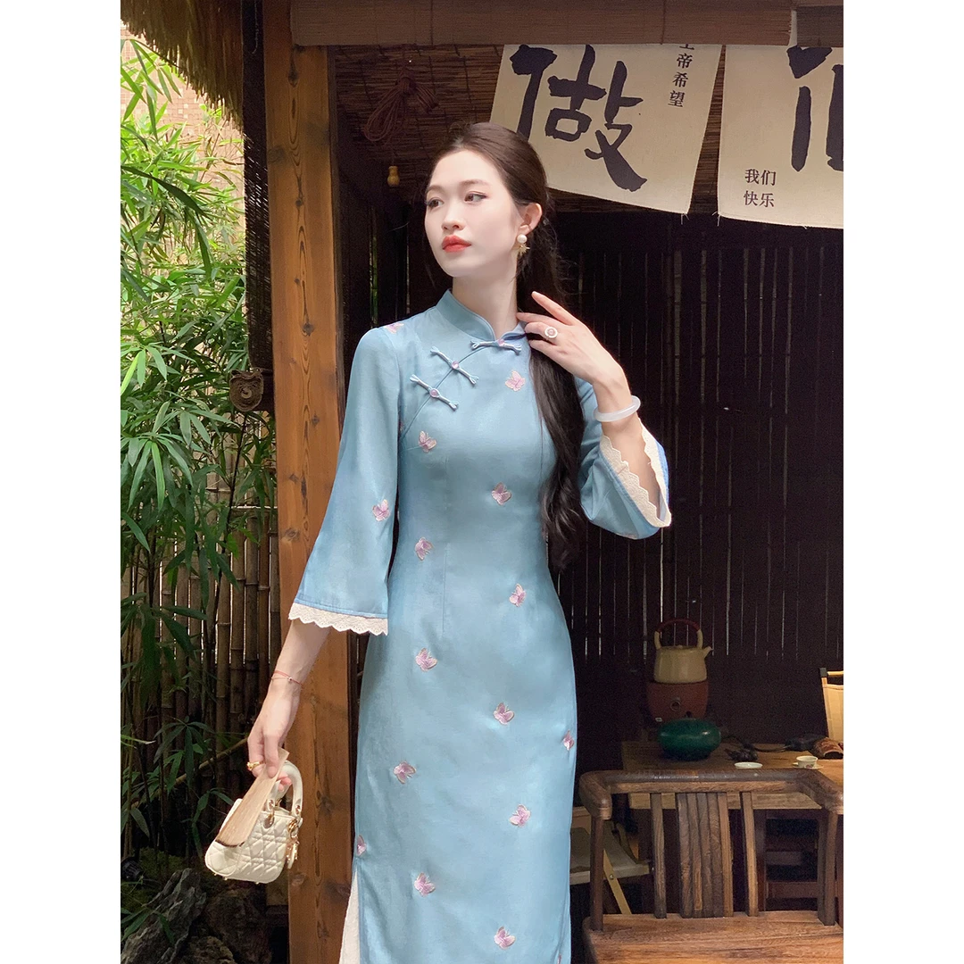 凌茜恣禾【涟漪】国风新中式蓝蝴蝶绣花裙气质氛围高级感修身旗袍裙