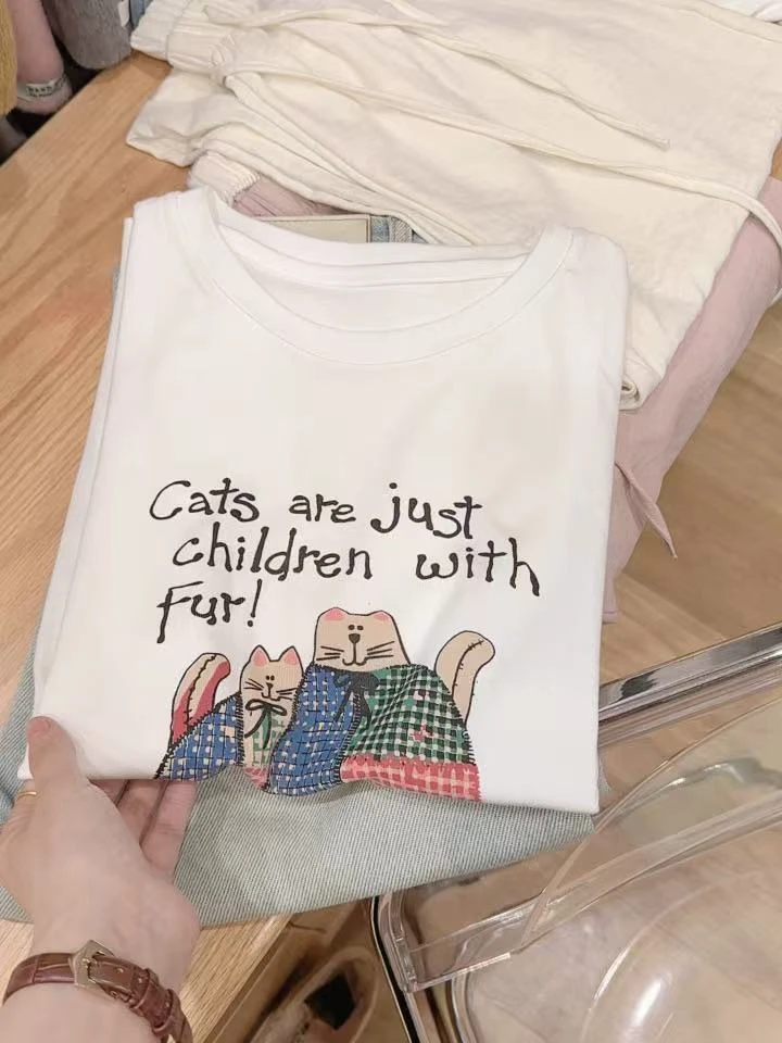 七言家韩单！白色卡通胖猫柔软印花短袖