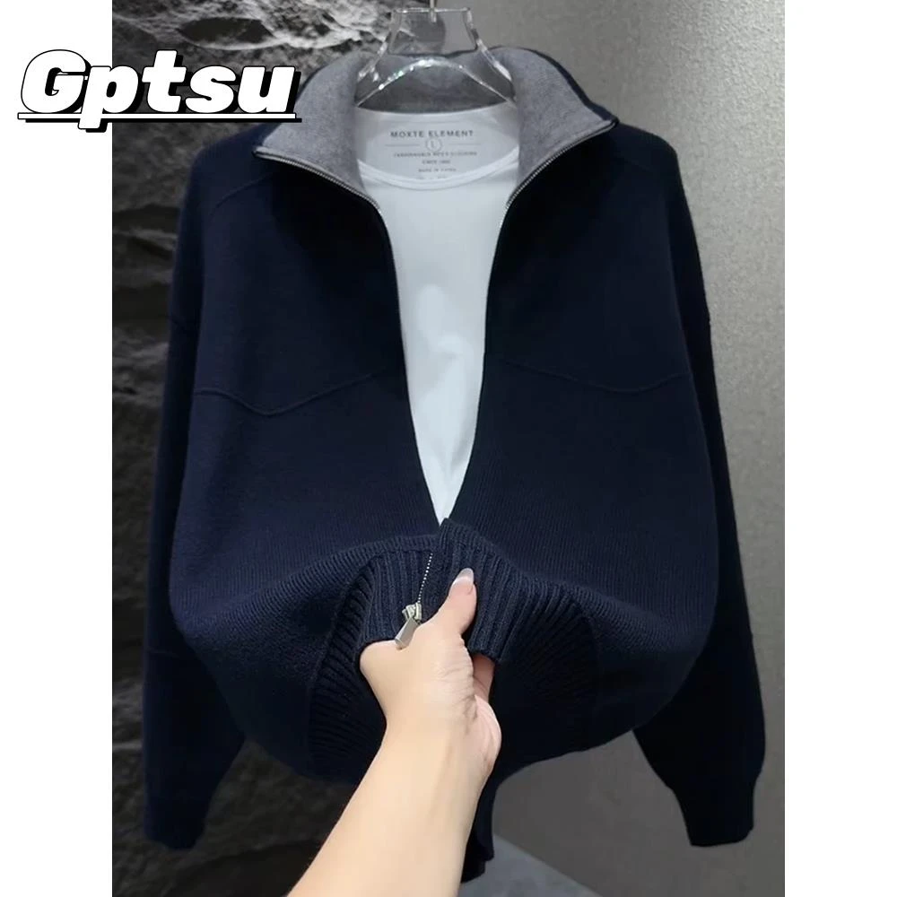 GPTSu秋冬撞色翻领针织开衫男休闲简约毛衣外套宽松oversize上衣