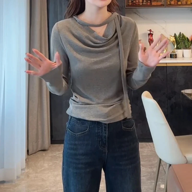设计感荡领飘带长袖T恤女2025年秋季新款洋气百搭显瘦打底衫上衣