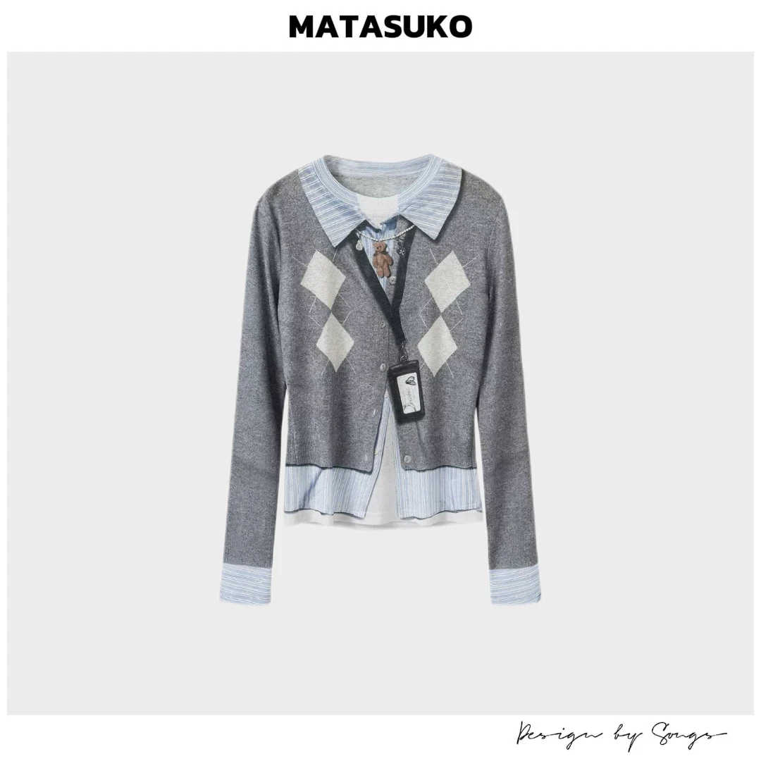 MATASUKO 假三件 网纱面料 长袖高弹力正肩T恤