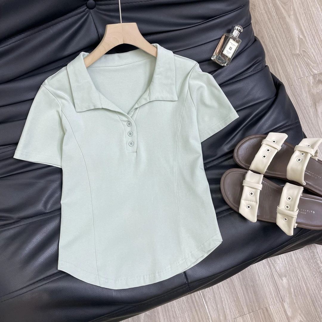 大码200斤韩系减龄正肩纽扣纯色Polo衫慵懒风百搭短袖t恤女上衣潮