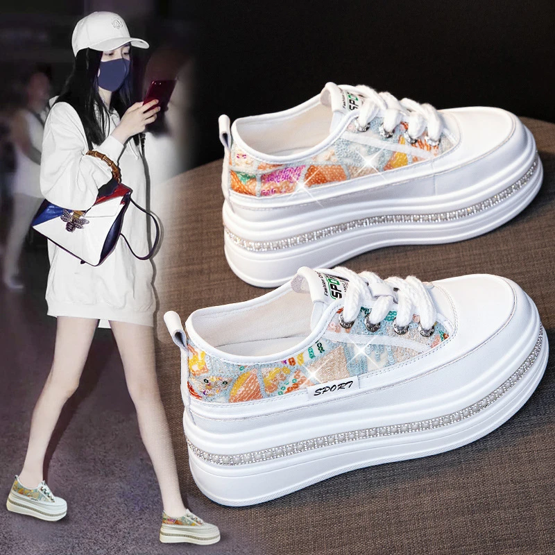 【增高8CM】亮片小白鞋女2025新款厚底真皮板鞋小个子配裙休闲时尚