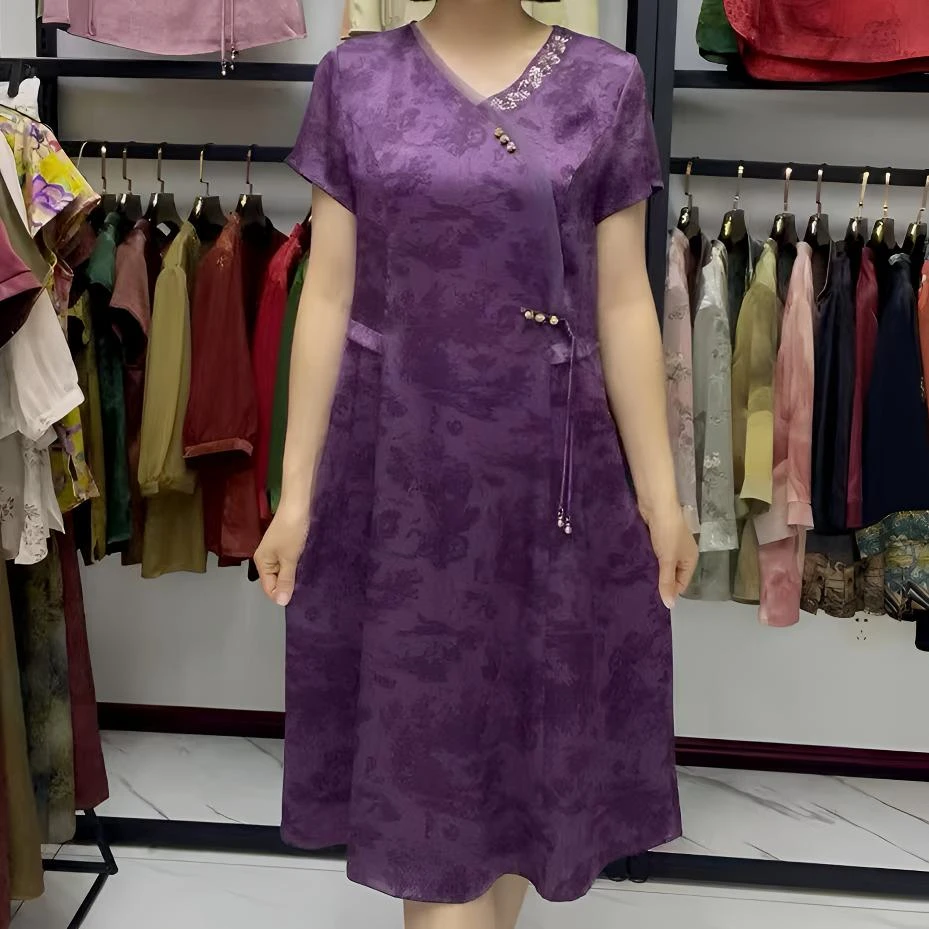 891夏季新款女装连衣裙短袖民族风显瘦气质提花烫钻中老年妈妈装