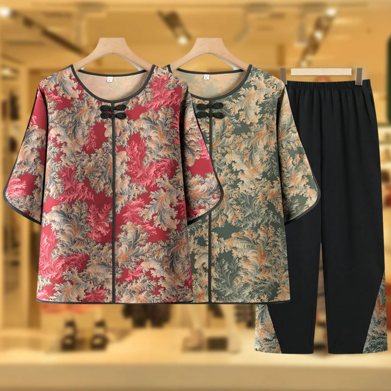 中老年人夏装短袖套装女奶奶衬衫上衣妈妈薄款宽松老人两件套衣服