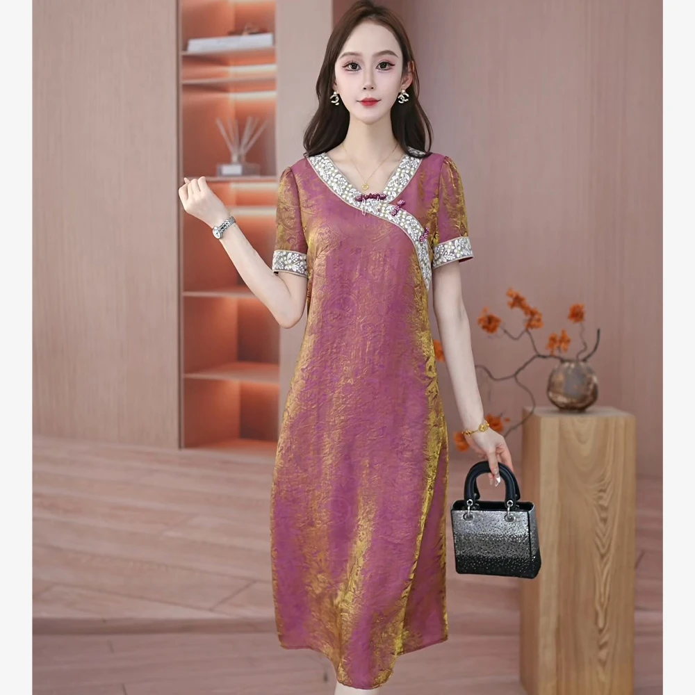 2025新款复古优雅时尚收腰显瘦中国风女装连衣裙060688