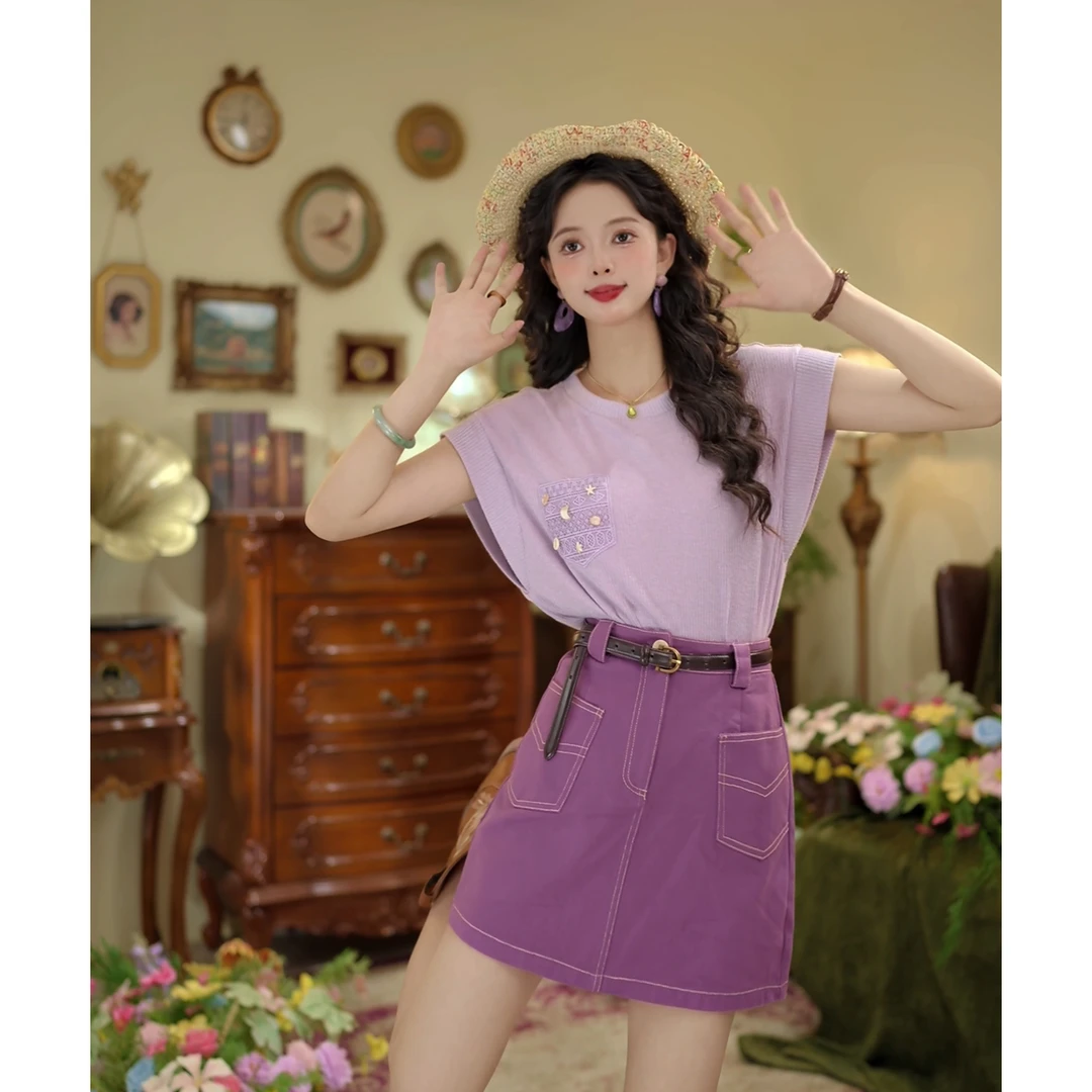 扣子家【夜光杯】港风复古圆领显瘦T恤女夏季宽松休闲上衣KK0725456