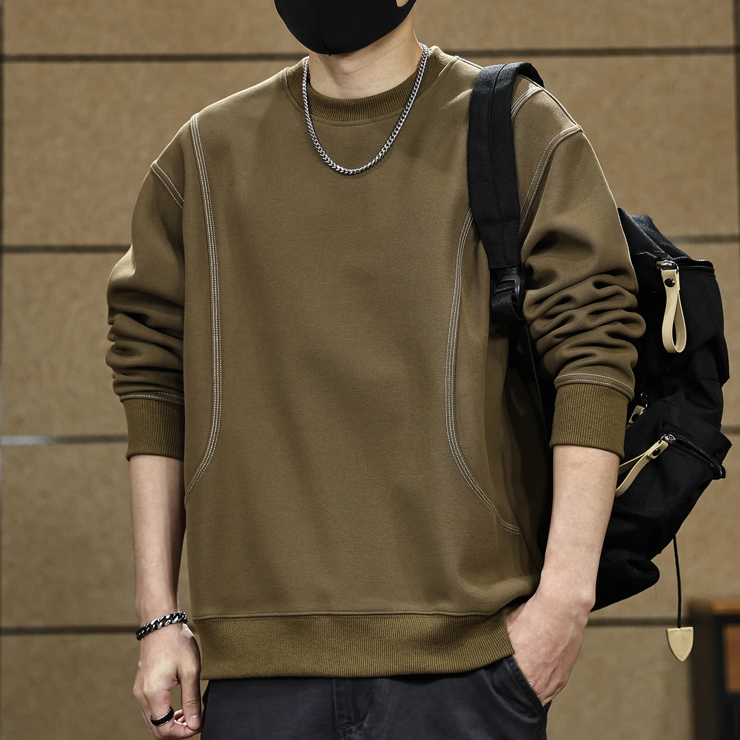 美式复古圆领套头卫衣男春秋季2026新款百搭明线宽松重磅长袖上衣