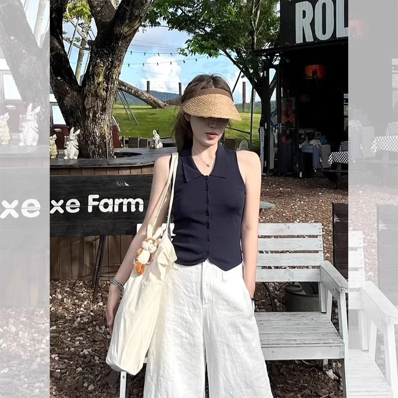 黑色Polo领冰丝针织吊带背心女夏季薄款设计感外穿无袖坎肩上衣