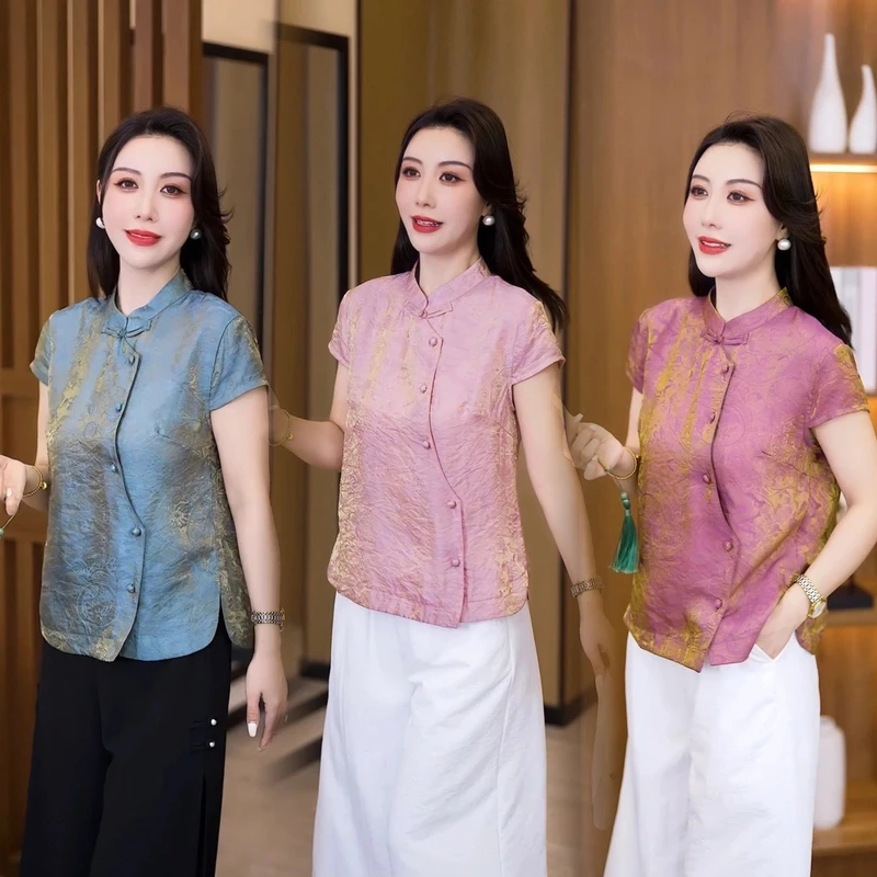 夏季新款时尚气质宽松显瘦新中式国风粉色立领盘扣短袖T恤上衣女