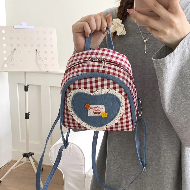 【YILI一粒】可爱格子双肩包包女款爆款学院风帆布小背包出游通勤包