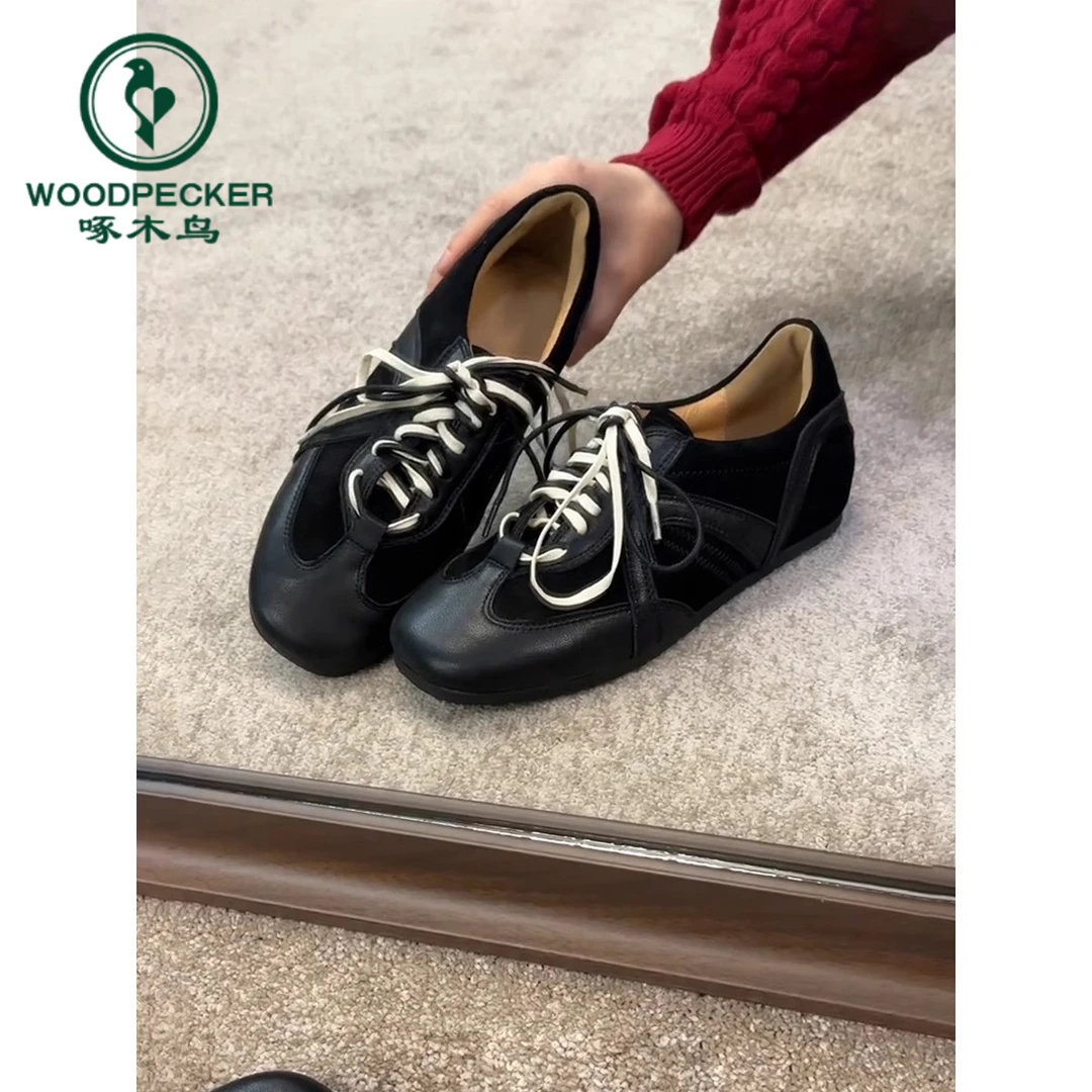 啄木鸟复古黑色德训鞋系带阿甘鞋女内增高休闲板鞋女百搭运动鞋潮