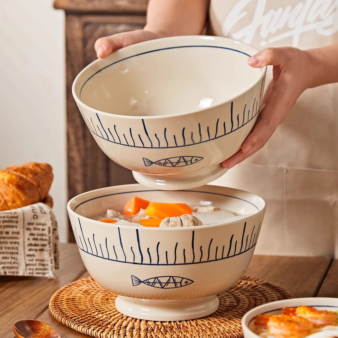 欢乐鱼-汤碗陶瓷饭碗可爱家用创意餐具学生日式沙拉碗吃饭碗