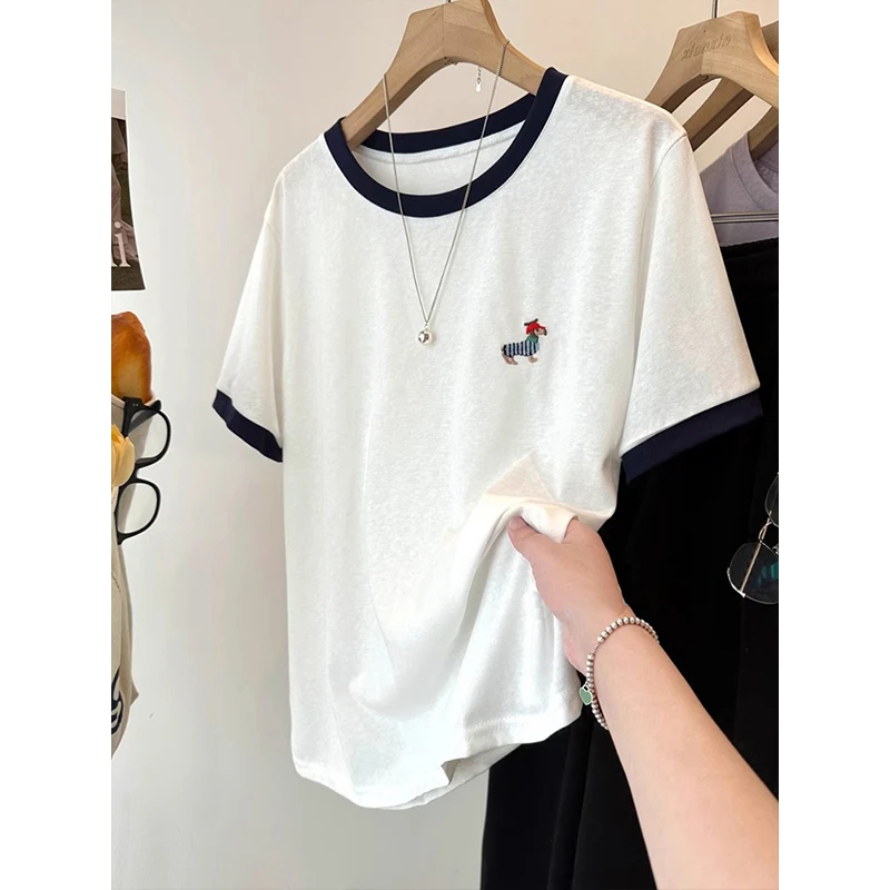 雪花棉T恤女夏短袖薄款宽松200斤胖mm大码显瘦高级感小狗印花