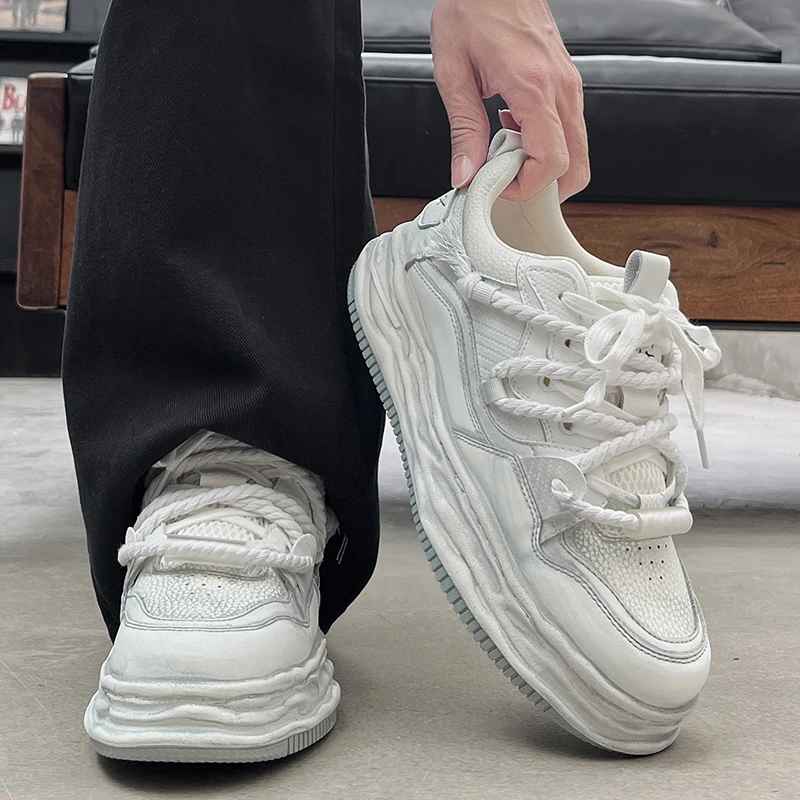 潮牌小众脏脏溶解鞋男女款7CM隐形增高板鞋春季复古做旧小白潮鞋