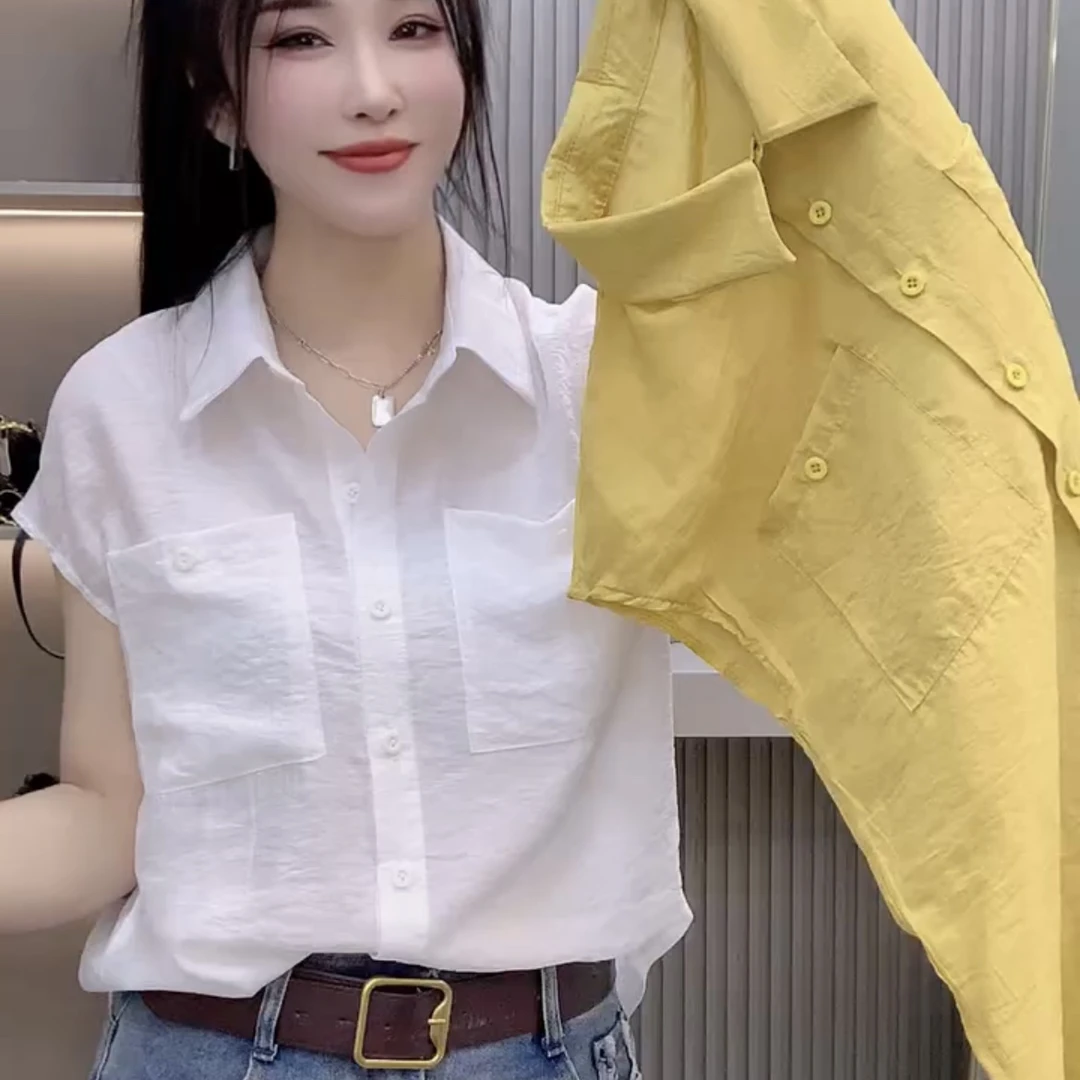夏季新款polo领无袖双口袋薄款宽松纯色衬衫女时尚潮流