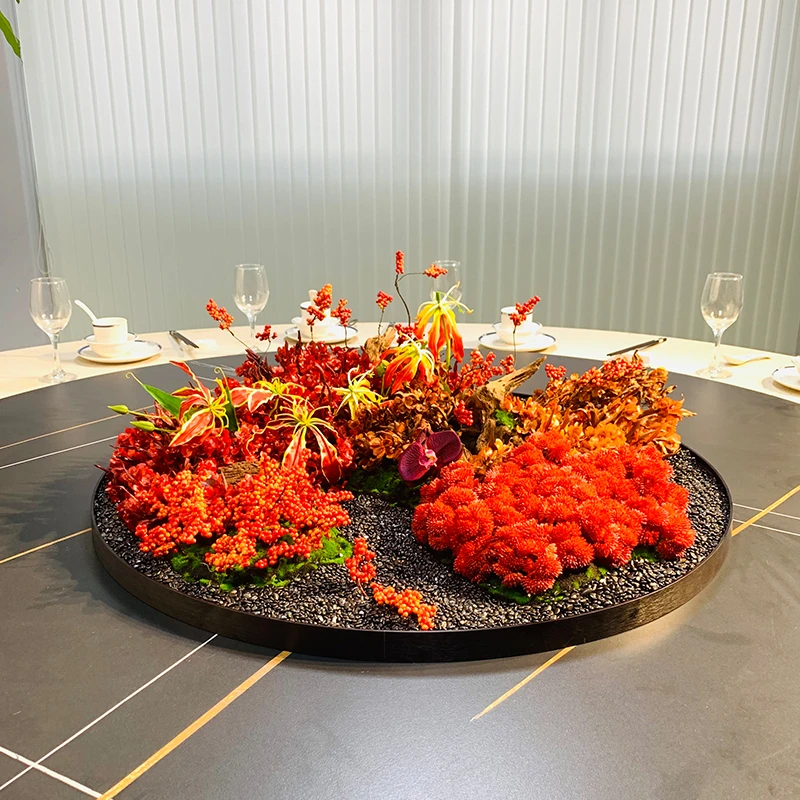 高档酒店大圆桌转盘中间摆花饭店餐桌花假花仿真花会议摆件新中式