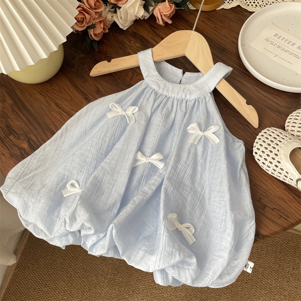 韩版童装夏款女童蝴蝶结挂脖花苞连衣裙儿童裙子宝宝背心裙吊带裙
