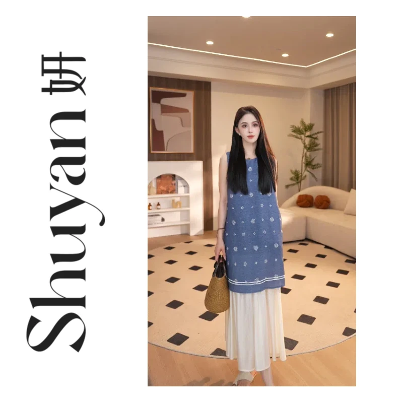 Shuyan妍【波嬉假两件】重磅绣花麻底拼接天丝下摆波西连衣裙665053