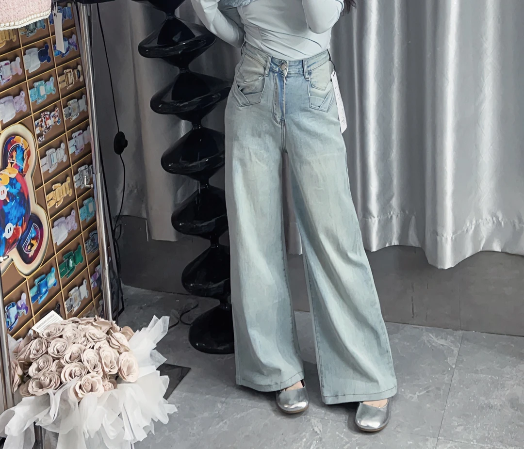 【虎妹推荐】小个子浅蓝色高腰牛仔阔腿裤